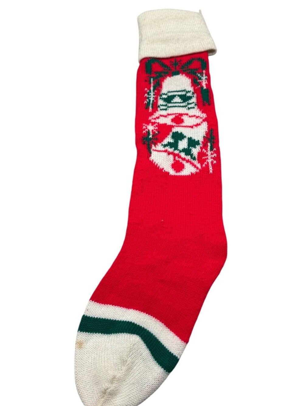 Vintage Red Knit Christmas Stocking Bell snowflake Design & Cuffed Top 23" READ